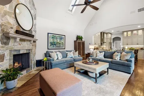 a living room with furniture a fireplace and a potted plant