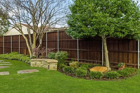 a garden with plants and large trees