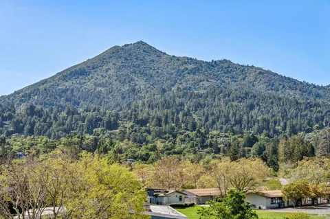 a view of a house with a mountain and a forest