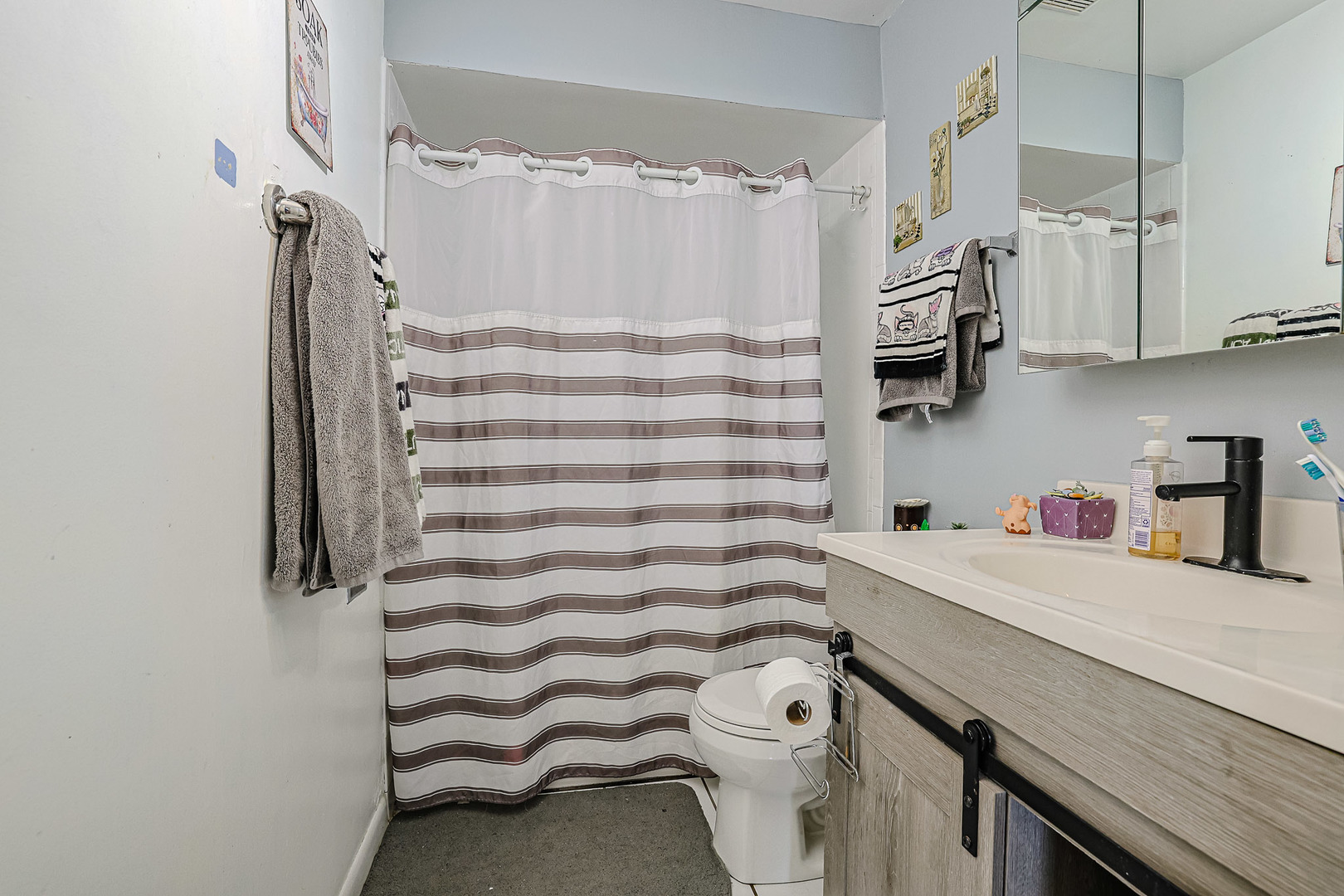 19380 Wolf Road, Unit 6 Mokena, IL 60448 - Photo 7 of 27 a bathroom with a sink a toilet and shower curtain