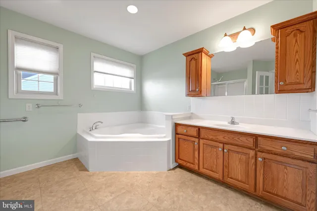 a bathroom with a bathtub a sink and a mirror