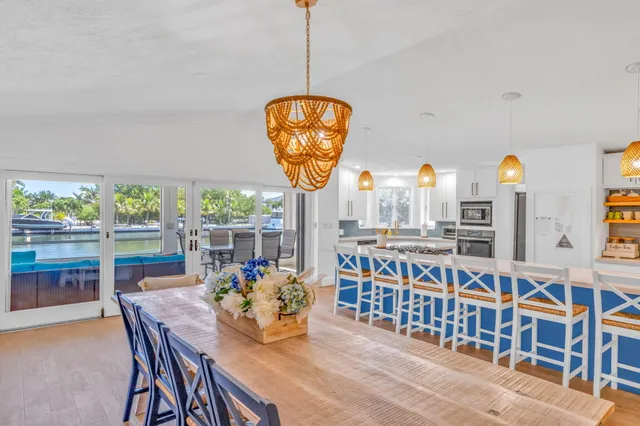 a dining room with furniture and a floor to ceiling window