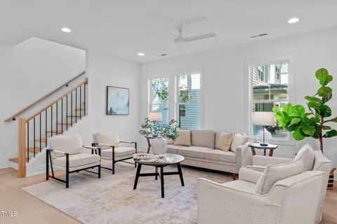a living room with furniture and a potted plant