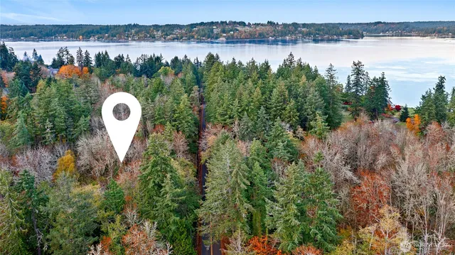 an aerial view of a residential houses with outdoor space and lake view