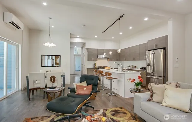 a bedroom with a bed and a fireplace