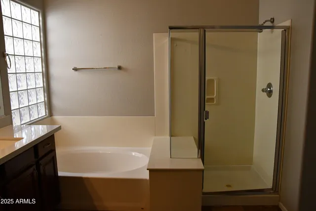 a bathroom with a shower and a bath tub