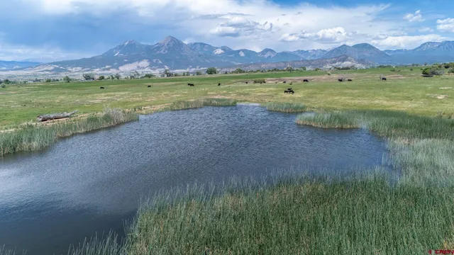 a view of a lake with green space