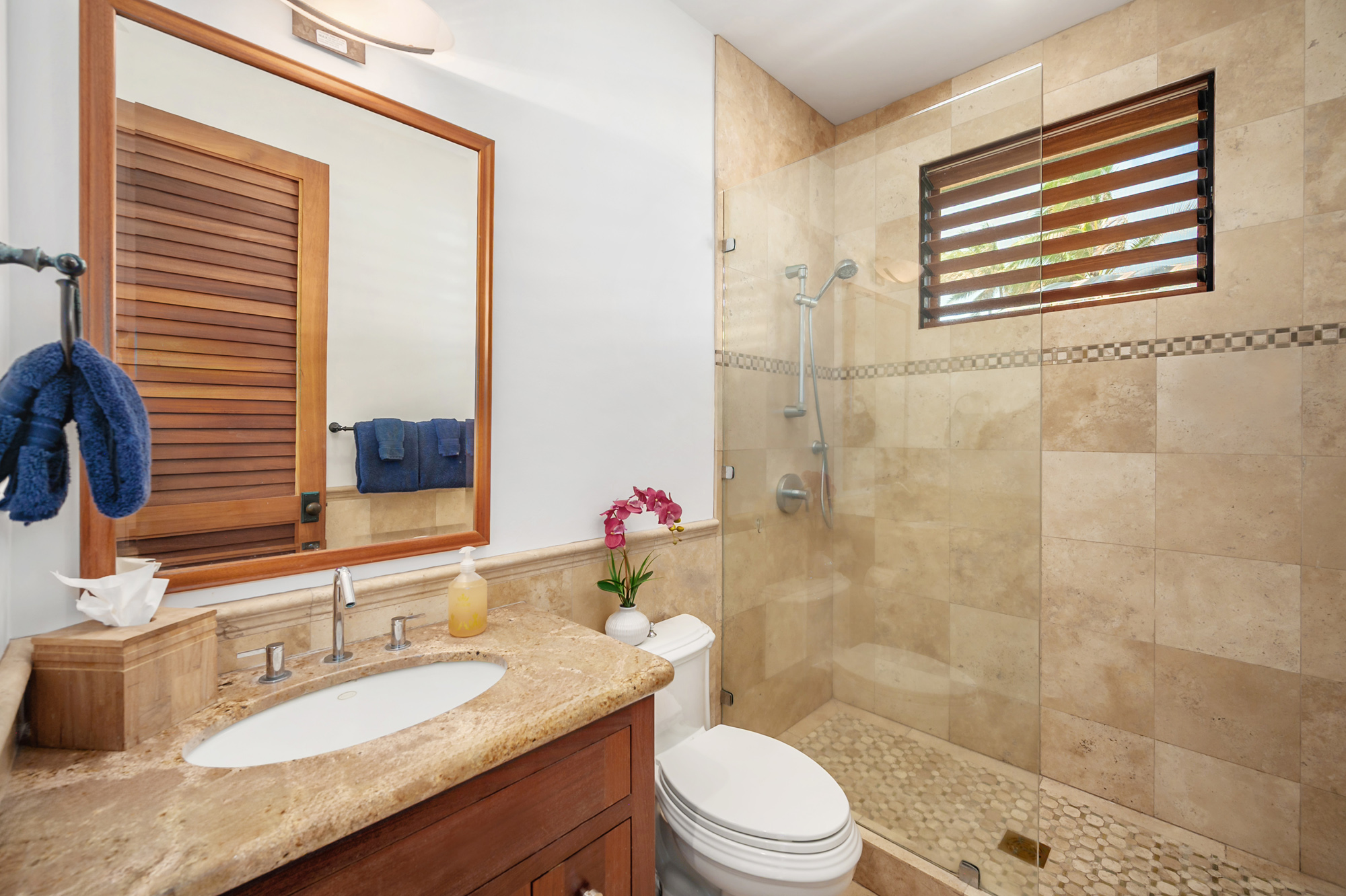 5070 Kukuna Road Kilauea, HI 96754 - Photo 17 of 29 a bathroom with a granite countertop sink a toilet a mirror and shower