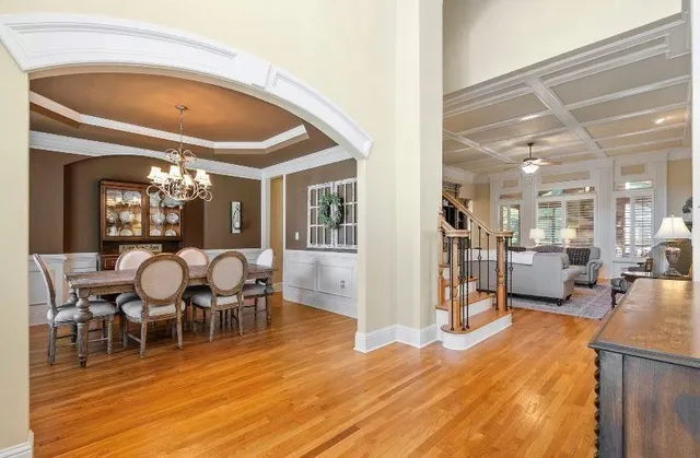 a view of a dining room with furniture