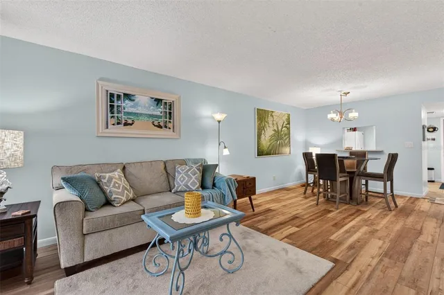 a living room with furniture and a dining table with wooden floor