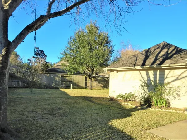 a view of a backyard with large trees