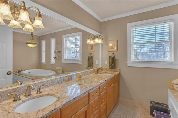 a bathroom with a granite countertop double vanity and a mirror