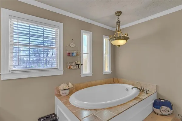 a bathroom with a bath tub and a window