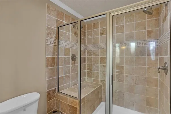 a bathroom with a shower and a toilet