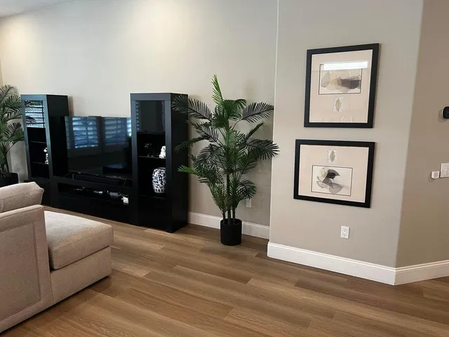 a living room with furniture and potted plant