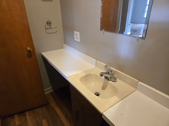 a bathroom with a sink and a mirror