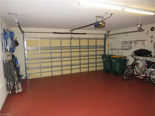 a view of a garage with storage