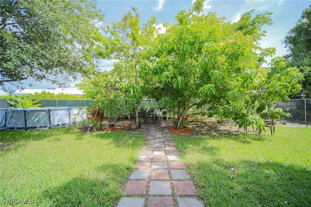 a view of a backyard with swimming pool