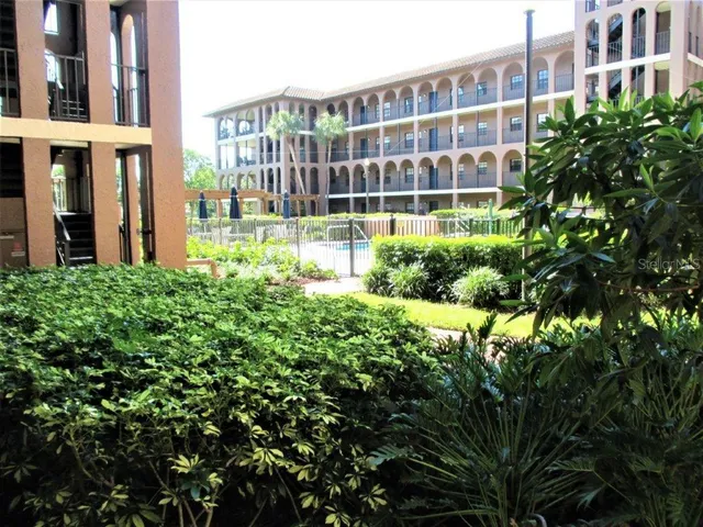 a view of a building from a garden