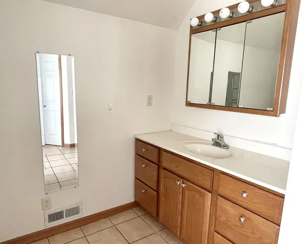 a bathroom with a sink a mirror and a shower