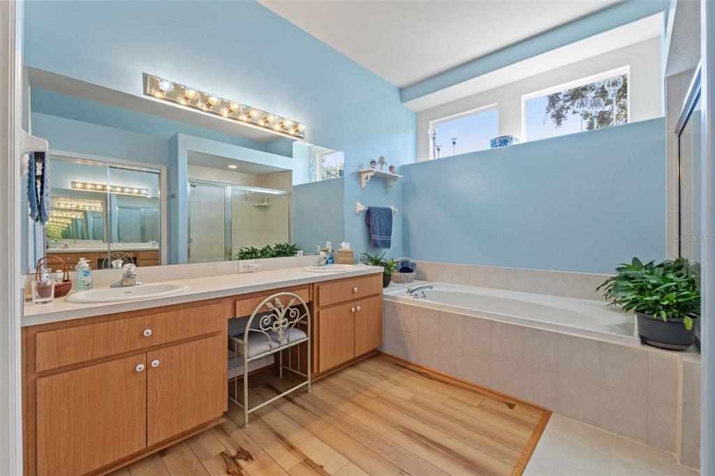 11405 Warm Wind Way Weeki Wachee, FL 34613 - Photo 30 of 46 a spacious bathroom with a double vanity sink a large mirror and a bathtub