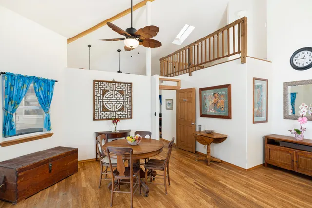 a view of a dining room with furniture