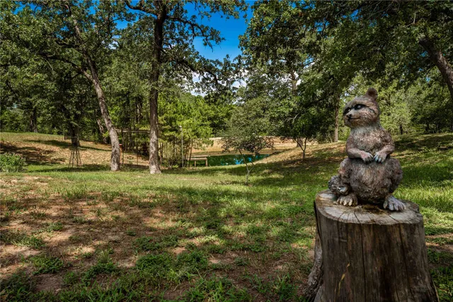 a backyard of a house with lots of green space and lake view