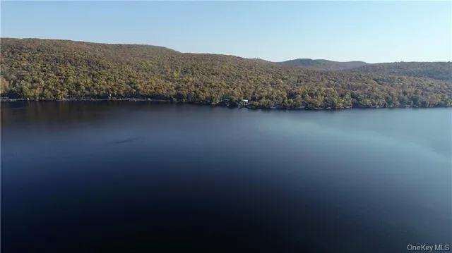 a view of a lake with mountains in the background