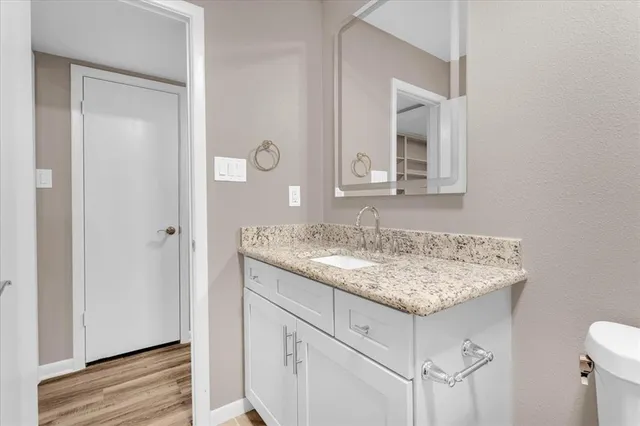 a bathroom with a granite countertop sink and a mirror