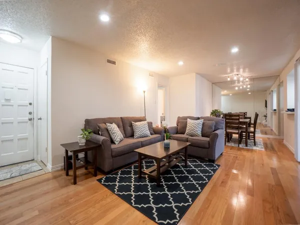 a view of a dining room with furniture