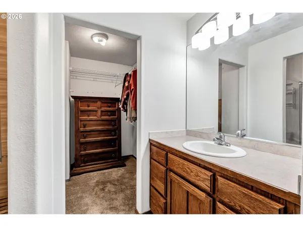 a bathroom with a sink vanity and a mirror