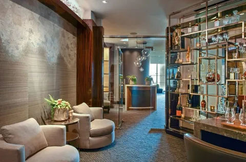 a living room with furniture and a potted plant