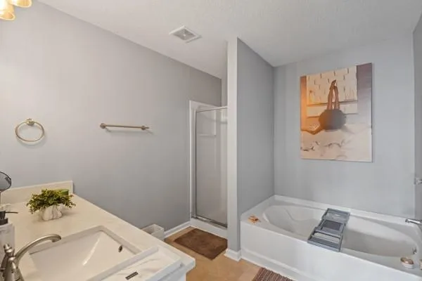 a bathroom with a tub sink and mirror