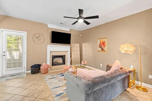 a bedroom with a bed and a fireplace