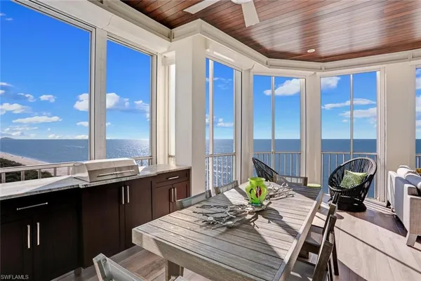 a view of a dining room with furniture window and outside view