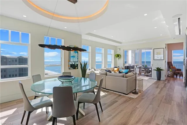 a living room with furniture potted plant and a wooden floor