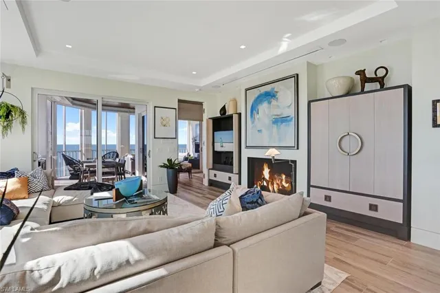 a living room with furniture a potted plant and a fireplace