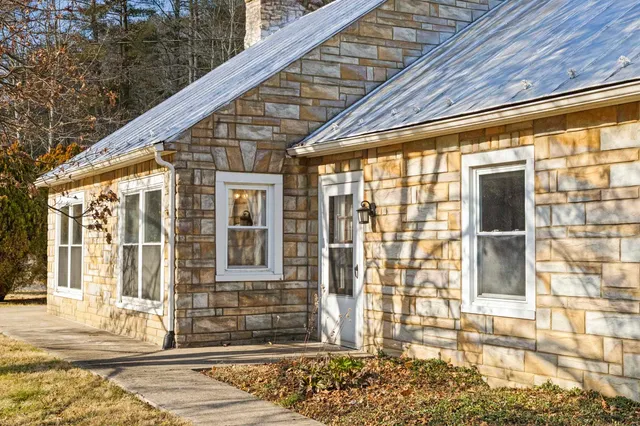 a view of a yard with trees in the background