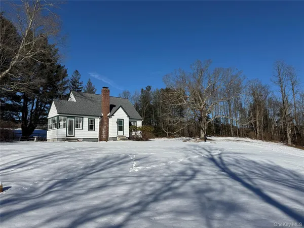 a front view of a house with a yard and trees