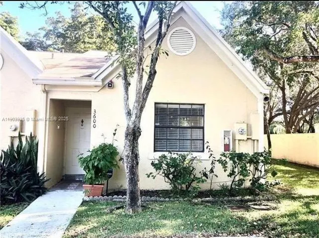 a view of a house with a small yard plants and a large tree