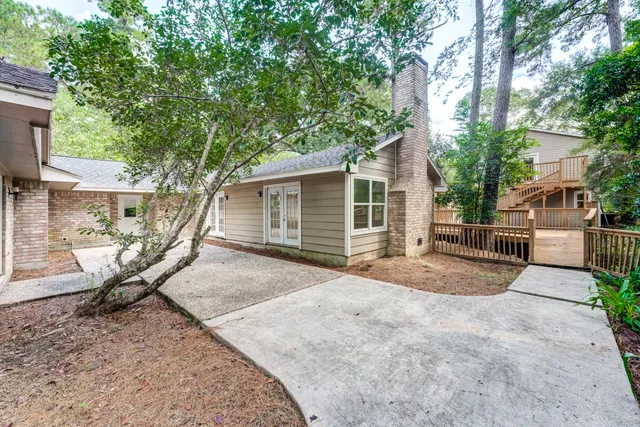 a view of a backyard with a large tree