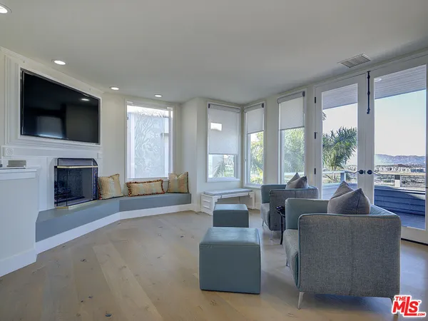 a living room with fireplace furniture and a flat screen tv