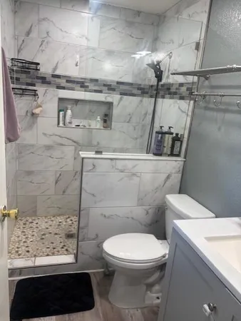 a bathroom with a toilet and a shower
