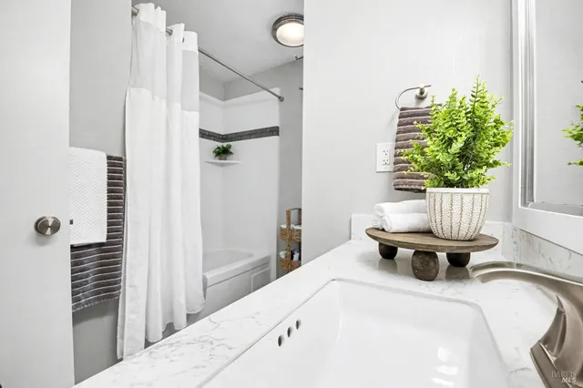 a bathroom with a sink and a shower