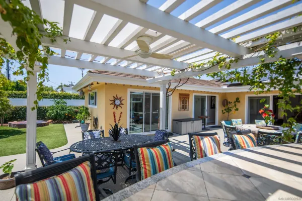 a view of a dining table and chairs in the patio