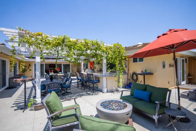 a view of a backyard with plants and sitting area
