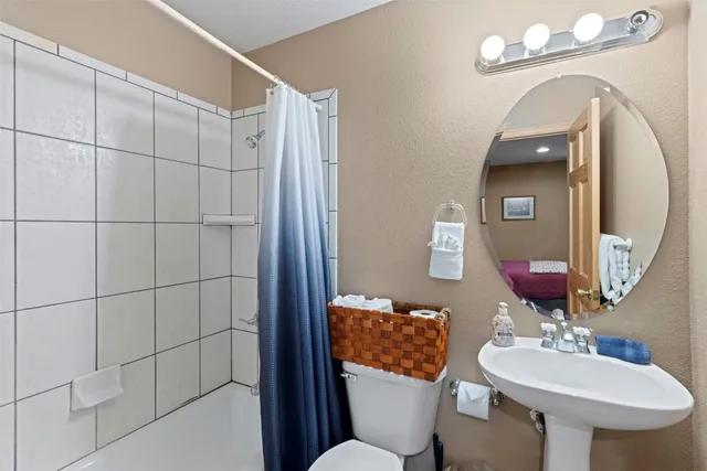 a bathroom with a sink toilet and mirror