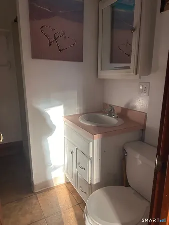 a bathroom with a sink a toilet and mirror