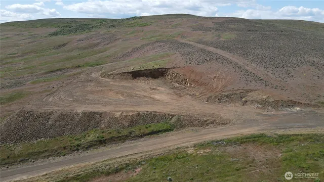 a view of a dry yard with mountains in the background
