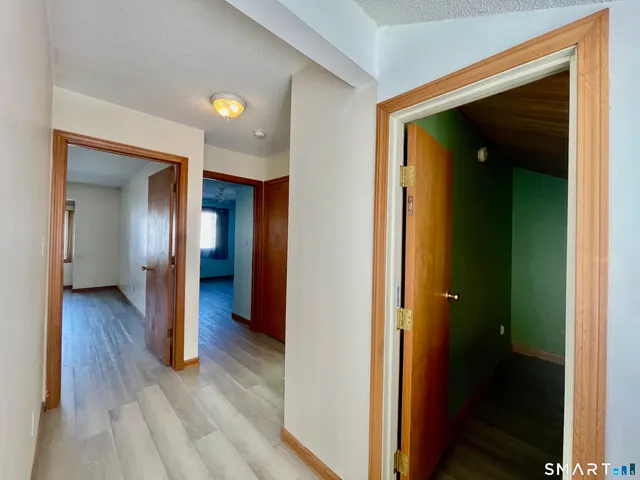a view of a hallway with wooden floor and closet area